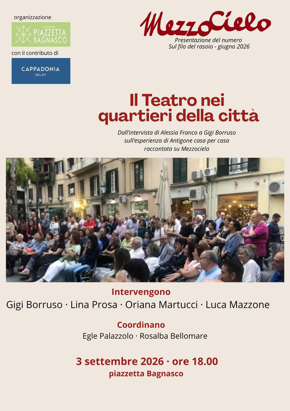 Con Mezzocielo, giovedì 3 settembre, in piazzetta Bagnasco, si parla di teatro  nei luoghi della città